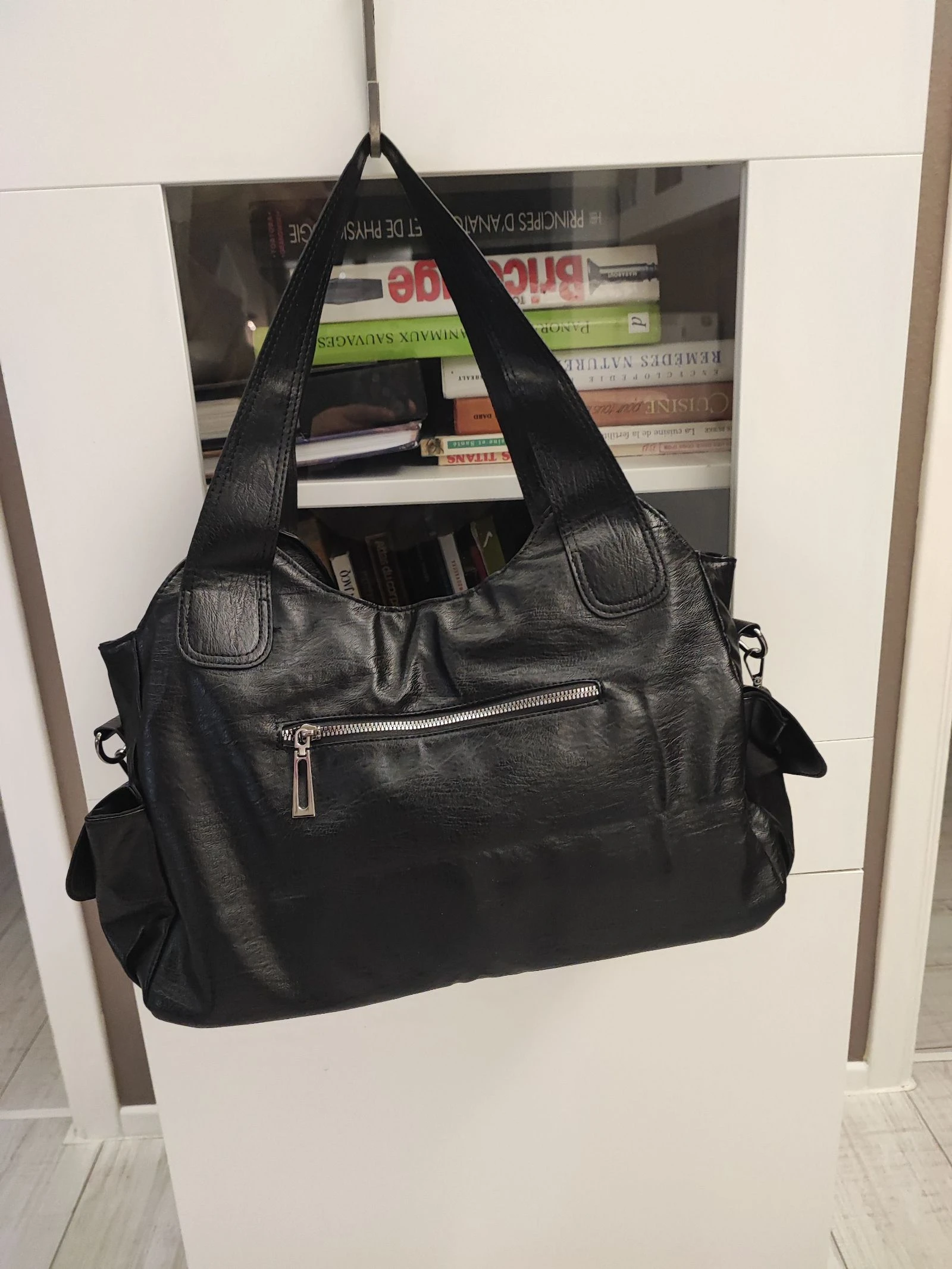Bolsa grande capacidade couro sintético preto múltiplos bolsos – photo 2